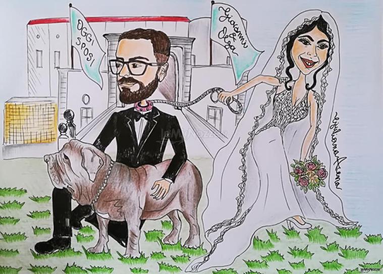 Caricatura personalizzata sposi con cane mastino napoletano