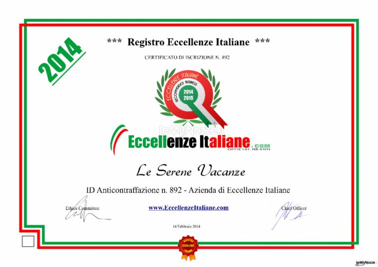 Certificato di eccellenza italiana 2014 - Le Serene Vacanze