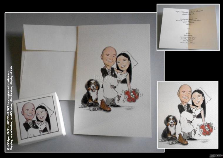 partecipazione nozze e scatolina confetti con disegno sposa in braccio a sposo e loro cane