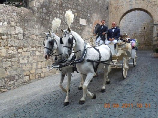 Gli sposi sulla carrozza trainata da due cavalli bianchi