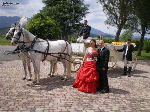 Sposi in posa fotografica con la carrozza con cavalli sullo sfondo