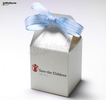 Scatolina porta confetti Save the Children con fiocco celeste