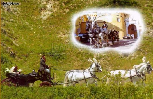 Gli sposi sulla carrozza trainata da una quadriglia di cavalli bianchi