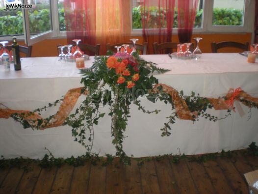 Allestimento floreale in arancio dei tavoli per il matrimonio